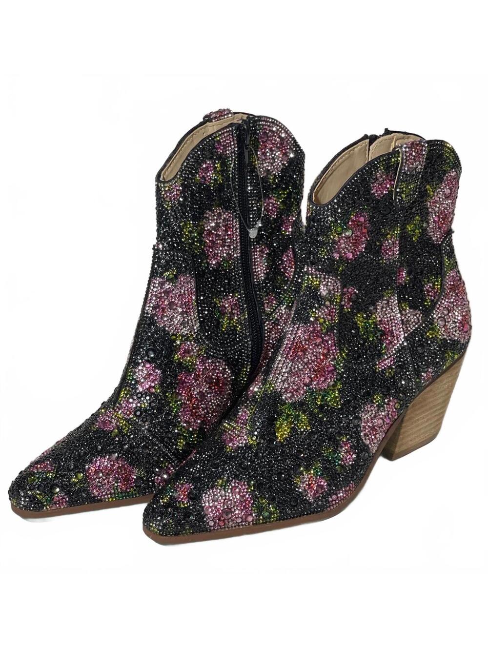 Betsey Johnson Diva Pink Floral Rhinestone Ankle Boots Side Zip Women's 5.5